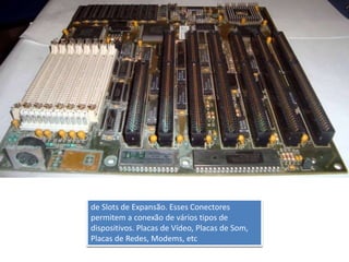 de Slots de Expansão. Esses Conectores
permitem a conexão de vários tipos de
dispositivos. Placas de Vídeo, Placas de Som,
Placas de Redes, Modems, etc
 