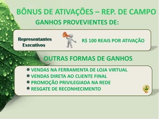 GANHOS PROVEVIENTES DE:
R$ 100 REAIS POR ATIVAÇÃO
OUTRAS FORMAS DE GANHOS
VENDAS NA FERRAMENTA DE LOJA VIRTUAL
VENDAS DIRETA AO CLIENTE FINAL
PROMOÇÃO PRIVILEGIADA NA REDE
RESGATE DE RECONHECIMENTO
 