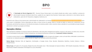 A Terceirização da Folha de Pagamento (BPO – Business Process Outsourcing) é uma solução utilizada para reduzir custos, simplificar o processo da
administração de pessoal, facilitando desta forma, a gestão de seus negócios (Core Business). Estamos aptos a administrar os mais diversos tipos de
colaboradores, sejam eles CLT, Temporários, Estagiários, Autônomos, etc.
Ao permitir que a 2Easy se torne parceira para a administração dos colaboradores sua empresa reduz significativamente os custos adicionais relacionados a RH, assim
como tempo e complexidade. Ficamos responsáveis por todas as rotinas da área em questão, desde as inclusões de dados no sistema até o atendimento de seus
funcionários, permitindo foco exclusivo no Core Business da empresa. As empresas podem, então, concentrar todas as atenções em suas atividades principais enquanto
administram e motivam suas equipes com eficácia.
BPO
14
Nossa operação foi modelada no conceito de células de atendimento, onde cada célula é designada para atender um grupo ou até mesmo, um cliente único, de acordo
com as necessidades de cada projeto. A célula é composta por uma equipe de profissionais compostos por: Coordenador, Analistas e Assistentes.
O contato do cliente sempre é realizado diretamente com a célula responsável, trazendo uma gama de vantagens, sendo a principal delas a efetividade no atendimento,
marcado por um tratamento pessoal e sempre realizado com alguém que realmente cuida de seus processos.
Rotinas Mensais: Admissão, Folha de Pagamento, Contribuições e Encargos Sociais, Férias, Rescisão, Afastamento, Benefícios, Acordos Coletivos e Rotinas
Complementares.
Rotinas Anuais: 13º salário (1ª e 2ª parcelas), Relação Anual de Informações Social – RAIS, Declaração de Imposto de Renda - DIRF (Trabalho Assalariado), Informe de
Rendimentos (Trabalho Assalariado) e Participação nos Lucros e Resultados.
Operações e Rotinas
 