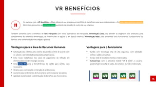  Solicitação dos créditos pelo sistema de pedidos online de acordo com
os valores e periodicidade estipulados pela empresa;
 Evita riscos trabalhistas nos casos de pagamento da refeição em
dinheiro (deve incidir encargos sociais);
 Uma Conta RH, para a transferências de cartão para cartão, caso
necessário;
 Atrativo para contratação e retenção de profissionais;
 Aumento dos rendimentos do funcionário sem incorporar ao salário;
 Agilidade e praticidade na distribuição do benefício aos funcionários.
VR BENEFÍCIOS
25
 Cartão com tecnologia chip de alta segurança com validação
online e saldo cumulativo;
 Ampla rede de estabelecimentos credenciados;
 Autosserviço: com o aplicativo mobile “VR E VOCÊ”, o usuário
poderá fazer consulta de saldo, de extrato e da rede credenciada.
Vantagens para o funcionárioVantagens para a área de Recursos Humanos
Em parceria com a VR Benefícios, a 2Easy oferece à sua empresa um portfólio de benefícios para seus colaboradores, a fim reter seus melhores talentos.
Além disso, possuímos as melhores taxas, auxiliando na redução de custos da sua empresa.
Também contamos com o benefício de Vale Transporte com várias operadoras de transporte, Alimentação Cesta para atender as exigências dos sindicatos para
complemento do benefício Alimentação, de maneira fácil e segura e, em época natalina o Alimentação Natal, para presentear seus funcionários e proporcionar às
famílias uma comemoração mais alegre e gostosa.
 