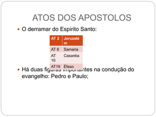 ATOS DOS APOSTOLOS
 O derramar do Espirito Santo:
 Há duas figuras importantes na condução do
evangelho: Pedro e Paulo;
AT 2 Jeruzalé
m
AT 8 Samaria
AT
10
Casaréia
AT19 Éfeso
 