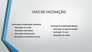 VIAS DEVACINAÇÃO
Vacinações de Aplicação individual:
• Vacinação via ocular
• Vacinação subcutânea
• Vacinação intramuscular
• Vacinação na membrana da asa
Vacinações de Aplicação Massal:
• Vacinação via água de bebida
• Vacinação “in ovo”
• Vacinação por spray
 