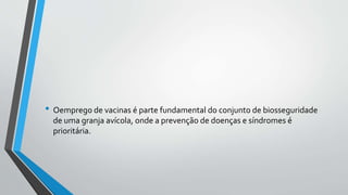 • Oemprego de vacinas é parte fundamental do conjunto de biosseguridade
de uma granja avícola, onde a prevenção de doenças e síndromes é
prioritária.
 