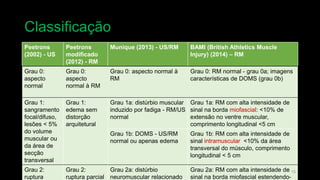 Peetrons
(2002) - US
Peetrons
modificado
(2012) - RM
Munique (2013) - US/RM BAMI (2014) - RM
Grau 0:
aspecto
normal
Grau 0:
aspecto
normal à RM
Grau 0: aspecto normal à
RM
Grau 0: RM normal - grau 0a; imagens
características de DOMS (grau 0b)
Grau 1:
sangramento
focal/difuso,
lesões < 5%
do volume
muscular ou
da área de
secção
transversal
Grau 1:
edema sem
distorção
arquitetural
Grau 1a: distúrbio muscular
induzido por fadiga - RM/US
normal
Grau 1a: RM com alta intensidade de
sinal na borda miofascial: <10% de
extensão no ventre muscular,
comprimento longitudinal <5 cm
Grau 1b: DOMS - US/RM
normal ou apenas edema
Grau 1b: RM com alta intensidade de
sinal intramuscular <10% da área
transversal do músculo, comprimento
longitudinal < 5 cm
Grau 2:
ruptura
Grau 2:
ruptura parcial
Grau 2a: distúrbio
neuromuscular relacionado
Grau 2a: RM com alta intensidade de
sinal na borda miofascial estendendo-
Classificação
15
Peetrons
(2002) - US
Peetrons
modificado
(2012) - RM
Munique (2013) - US/RM BAMI (British Athletics Muscle
Injury) (2014) – RM
 