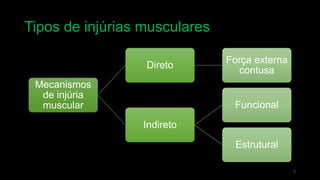 Tipos de injúrias musculares
7
Mecanismos
de injúria
muscular
Direto
Força externa
contusa
Indireto
Funcional
Estrutural
 