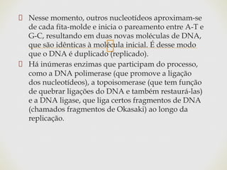 Nesse momento, outros nucleotídeos aproximam-se
de cada fita-molde e inicia o pareamento entre A-T e
G-C, resultando em duas novas moléculas de DNA,
que são idênticas à molécula inicial. É desse modo
que o DNA é duplicado (replicado).
Há inúmeras enzimas que participam do processo,
como a DNA polimerase (que promove a ligação
dos nucleotídeos), a topoisomerase (que tem função
de quebrar ligações do DNA e também restaurá-las)
e a DNA ligase, que liga certos fragmentos de DNA
(chamados fragmentos de Okasaki) ao longo da
replicação.
 