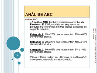 ANÁLISE ABC
Análise ABC:
A análise ABC, também conhecida como Lei de
Pareto ou 20 X 80, consiste em segmentar os
produtos ou referências em três grupos aplicando os
seguinte critérios:
Categoria A: 15 a 20% que representam 75% a 80%
do valor dos stocks;
Categoria B: 20 a 25% que representam 10% a 15%
do valor dos stocks;
Categoria C: 60 a 65% que representam 5% a 10%
do valor dos stocks.
Vários critérios podem ser utilizados na análise ABC:
o consumo, a rotação e o stock médio.
CCR
"CONTROLE
CUSTOS
NA
RESTAURAÇÃO
-
Paula
Gomes
10
 