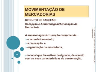 MOVIMENTAÇÃO DE
MERCADORIAS
CIRCUITO DE TAREFAS:
Recepção e Armazenagem/Arrumação de
Mercadoria
A armazenagem/arrumação compreende:
 o acondicionamento,
 a colocação, e
 organização da mercadoria,
no local que lhe estiver designado, de acordo
com as suas características de conservação.
CCR
"CONTROLE
CUSTOS
NA
RESTAURAÇÃO
-
Paula
Gomes
14
 