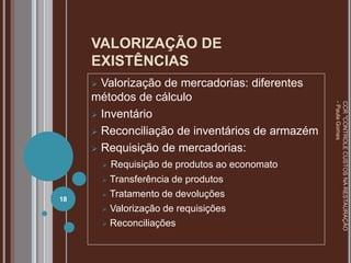 VALORIZAÇÃO DE
EXISTÊNCIAS
 Valorização de mercadorias: diferentes
métodos de cálculo
 Inventário
 Reconciliação de inventários de armazém
 Requisição de mercadorias:
 Requisição de produtos ao economato
 Transferência de produtos
 Tratamento de devoluções
 Valorização de requisições
 Reconciliações
18
CCR
"CONTROLE
CUSTOS
NA
RESTAURAÇÃO
-
Paula
Gomes
 