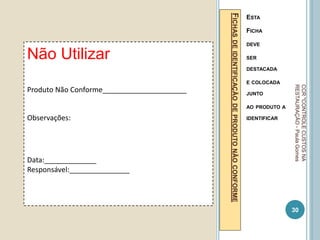 F
ICHAS
DE
IDENTIFICAÇÃO
DE
PRODUTO
NÃO
CONFORME
ESTA
FICHA
DEVE
SER
DESTACADA
E COLOCADA
JUNTO
AO PRODUTO A
IDENTIFICAR
30
CCR
"CONTROLE
CUSTOS
NA
RESTAURAÇÃO
-
Paula
Gomes
Não Utilizar
Produto Não Conforme_____________________
Observações:
Data:_____________
Responsável:_______________
 