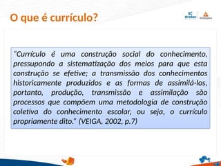 “Currículo é uma construção social do conhecimento,
pressupondo a sistematização dos meios para que esta
construção se efetive; a transmissão dos conhecimentos
historicamente produzidos e as formas de assimilá-los,
portanto, produção, transmissão e assimilação são
processos que compõem uma metodologia de construção
coletiva do conhecimento escolar, ou seja, o currículo
propriamente dito.” (VEIGA, 2002, p.7)
O que é currículo?
 