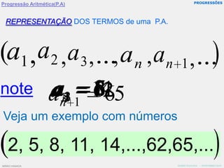PROGRESSÕESProgressão Aritmética(P.A)REPRESENTAÇÃO DOS TERMOS de uma  P.A.noteVeja um exemplo com números2, 5, 8, 11, 14,...,62,65,...MÁRIO HANADA   -  NOVEMBRO/2010MÁRIO HANADA