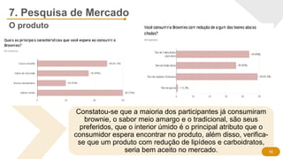 7. Pesquisa de Mercado
O produto
Constatou-se que a maioria dos participantes já consumiram
brownie, o sabor meio amargo e o tradicional, são seus
preferidos, que o interior úmido é o principal atributo que o
consumidor espera encontrar no produto, além disso, verifica-
se que um produto com redução de lipídeos e carboidratos,
seria bem aceito no mercado. 13
 