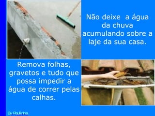 By Paulinha Não deixe  a água da chuva acumulando sobre a laje da sua casa. Remova folhas, gravetos e tudo que possa impedir a água de correr pelas calhas. 