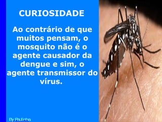 By Paulinha Ao contrário de que muitos pensam, o mosquito não é o agente causador da dengue e sim, o agente transmissor do vírus.   CURIOSIDADE 