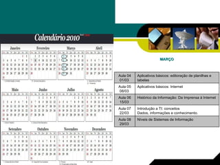 MARÇO Introdução a TI: conceitos Dados, informações e conhecimento.  Aula 07 22/03  Histórico da Informação: Da Imprensa à Internet  Aula 06 15/03  Níveis de Sistemas de Informação  Aula 08 29/03  Aplicativos básicos: Internet  Aula 05 08/03  Aplicativos básicos: editoração de planilhas e tabelas  Aula 04 01/03  
