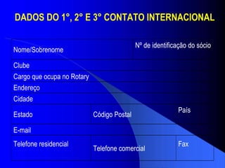DADOS DO 1°, 2° E 3° CONTATO INTERNACIONAL Fax        Telefone comercial        Telefone residencial        E-mail        País        Código Postal        Estado        Cidade        Endereço        Cargo que ocupa no Rotary        Clube        Nº de identificação do sócio        Nome/Sobrenome        