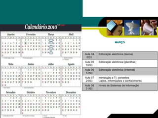 MARÇO Introdução a TI: conceitos Dados, informações e conhecimento.  Aula 07 24/03  Editoração eletrônica (Internet) Aula 06 17/03  Níveis de Sistemas de Informação  Aula 08 31/03  Editoração eletrônica (planilhas) Aula 05 10/03  Editoração eletrônica (textos) Aula 04 0/03  