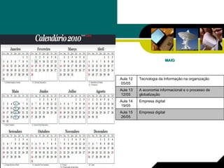 MAIO Empresa digital Aula 14 19/05  Empresa digital Aula 15 26/05  A economia informacional e o processo de globalização Aula 13 12/05  Tecnologia da Informação na organização Aula 12 05/05  