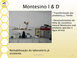 Montesino I & D
                                    • Transformação dos
                                    produtos    Venda

                                    • Desenvolvimento de
                                    linha de cosmética
                                    natural Montesino com
                                    produtos apícolas e
                                    água termal.




Rentabilização do laboratório já
existente.         Sandra Barbosa
                                                    18
 