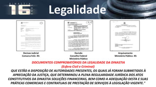 Legalidade


         Decisao Judicial                Decisão                 Arquivamento
        Comarca Feliz -RS           Conselho Federal          Ministério Público -RS
                                    Ministério Público
              DOCUMENTOS COMPROBATÓRIOS DA LEGALIDADE DA DINASTIA
                               (Esfera Cívil e Criminal)
 QUE ESTÃO A DISPOSIÇÃO DE AUTORIDADES PRESENTES, OS QUAIS JÁ FORAM SUBMETIDOS À
  APRECIAÇÃO DA JUSTIÇA, QUE DETERMINOU A PLENA REGULARIDADE JURÍDICA DOS ATOS
CONSTITUTIVOS DA DINASTIA SOLUÇÕES FINANCEIRAS, BEM COMO A ADEQUAÇÃO DESTA E SUAS
 PRÁTICAS COMERCIAIS E CONTRATUAIS DE PRESTAÇÃO DE SERVIÇOS À LEGISLAÇÃO VIGENTE."
 