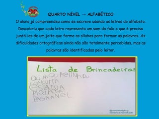 QUARTO NÍVEL → ALFABÉTICO
O aluno já compreendeu como se escreve usando as letras do alfabeto.
 Descobriu que cada letra representa um som da fala e que é preciso
juntá-las de um jeito que forme as sílabas para formar as palavras. As
dificuldades ortográficas ainda não são totalmente percebidas, mas as
                palavras são identificadas pelo leitor.
 
