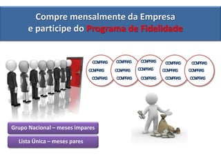 Compre mensalmente da Empresa
      e participe do Programa de Fidelidade


                               CM A
                                O PR S   CM A
                                          O PR S    CM A
                                                     O PR S    CM A
                                                                O PR S    CM A
                                                                           O PR S
                              CM A
                               O PR S    CM A
                                          O PR S   CM A
                                                    O PR S    CM A
                                                               O PR S    CM A
                                                                          O PR S
                               CM A
                                O PR S   CM A
                                          O PR S    CM A
                                                     O PR S    CM A
                                                                O PR S   CM A
                                                                          O PR S




Grupo Nacional – meses impares

  Lista Única – meses pares
 