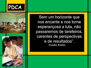PDCA
Sem um horizonte que
nos encante e nos torne
esperançosa a luta, não
passaremos de tarefeiros,
carentes de perspectivas
e de resultados”.
(Gandin, Danilo)
 
