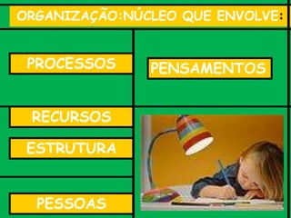 PENSAMENTOSPROCESSOS
RECURSOS
ESTRUTURA
PESSOAS
ORGANIZAÇÃO:NÚCLEO QUE ENVOLVE:
 