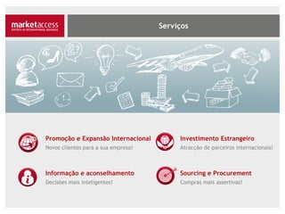 Promoção e Expansão Internacional
Novos clientes para a sua empresa!
Informação e aconselhamento
Decisões mais inteligentes!
Investimento Estrangeiro
Atracção de parceiros internacionais!
Sourcing e Procurement
Compras mais assertivas!
 