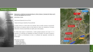 Geologia e Geotecnia
RÉALISATION DE LA PÉNÉTRANTE AUTOROUTIÈRE RELIANT LE PORT DE SKIKDA À L’AUTOROUTE EST-OUEST SUR 31
KM EN 2X3 VOIES (ARGÉLIA), LOT 4 ET LOT 5
GROUPEMENT TENASE
Infra-estrutura Rodovária (2x3 vias, 10 km)
Projecto de Execução e Assistência Técnica (2015/16)
O traçado inscreve-se, na maior parte da sua extensão, sobre as aluviões recentes do oued Saf-Saf.
Estas aluviões com espessura superior às duas dezenas de metros são marginadas por formações
sedimentares cenozóicas representadas por argilitos, grés e areias argilosas.
No âmbito deste projecto foi desenvolvido o modelo geológico-geotécnico dos Lotes 4 e 5 e
realizaram-se as verificações de estabilidade dos taludes de escavação e dos aterros. Procedeu-se
ainda à análise da movimentação de terras e à definição das disposições construtivas de
terraplenagem.
Dados Gerais do Projecto:
 Extensão Total: 10 km
 Nº de Nós de Ligação: 2
 Pontes e Viadutos:1450 m
 Terraplenagem: 2 (x106 m3)
DESIGNAÇÃO:
CLIENTE:
TIPO DE PROJECTO:
FASES DO ESTUDO:
8
 