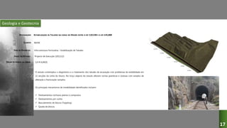 Geologia e Geotecnia
ESTABILIZAÇÃO DE TALUDES NA LINHA DO DOURO ENTRE O KM 119,540 E O KM 145,800
REFER
Infra-estrutura Ferroviária – Estabilização de Taludes
Projecto de Execução (2011/12)
O estudo contemplou o diagnóstico e o tratamento dos taludes de escavação com problemas de estabilidade em
11 secções da Linha do Douro. No troço objecto do estudo afloram rochas graníticas e xistosas com estados de
alteração e fracturação variados.
Os principais mecanismos de instabilidade identificados incluem:
 Deslizamentos rochosos planos e compostos
 Deslizamentos por cunha
 Basculemento de blocos (Toppling)
 Queda de blocos
3,9 M EUROS
DESIGNAÇÃO:
CLIENTE:
TIPO DE PROJECTO:
FASES DO ESTUDO:
VALOR ESTIMADO DA OBRA:
17
 