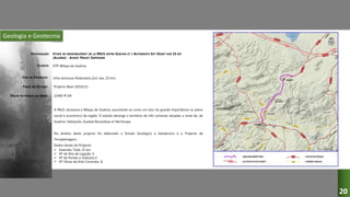 Geologia e Geotecnia
ETUDE DE DEDOUBLEMENT DE LA RN21 ENTRE GUELMA ET L’AUTOROUTE EST-OUEST SUR 25 KM
(ALGÉRIE) - AVANT PROJET SOMMAIRE
DTP-Wilaya de Guelma
Infra-estrutura Rodoviária (2x2 vias, 25 km)
Projecto Base (2010/11)
A RN21 atravessa a Wilaya de Guelma, assumindo-se como um eixo de grande importância no plano
social e económico da região. O estudo abrange o território de três comunas situadas a norte de, de
Guelma: Heliopolis, Guelaat Boussebaa et Nechmaya.
No âmbito deste projecto foi elaborado o Estudo Geológico e Geotécnico e o Projecto de
Terraplenagens.
Dados Gerais do Projecto:
 Extensão Total: 25 km
 Nº de Nós de Ligação: 4
 Nº de Pontes e Viadutos:3
 Nº Obras de Arte Correntes: 8
22400 M DA
DESIGNAÇÃO:
CLIENTE:
TIPO DE PROJECTO:
FASES DO ESTUDO:
VALOR ESTIMADO DA OBRA:
20
 