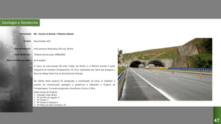 Geologia e Geotecnia
A8 – CALDAS DA RAINHA / MARINHA GRANDE
Nova Estrada, ACE
Infra-estrutura Rodoviária (2X3 vias, 48 km)
Projecto de Execução (1998/2000)
O lanço da auto-estrada A8 entre Caldas da Rainha e a Marinha Grande é parte
integrante do Itinerário Complementar nº1 (IC1), importante eixo viário que assegura o
fluxo de tráfego Norte-Sul na faixa litoral de Portugal.
No âmbito deste projecto foi assegurada a coordenação de todos os trabalhos e
estudos de caracterização geológica e geotécnica e elaborado o Projecto de
Terraplenagens. Foi ainda assegurada a Assistência Técnica à Obra.
Dados Gerais do Projecto:
 Extensão Total: 48 km
 Nº de Nós de Ligação: 4
 Nº Túneis: 2
 Nº Pontes e Viadutos:7
 Nº Obras de Arte Correntes: 20
85 M EUROS
DESIGNAÇÃO:
CLIENTE:
TIPO DE PROJECTO:
FASES DO ESTUDO:
VALOR ESTIMADO DA OBRA:
47
 