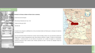 Pavimentação
REPARAÇÃO DA ESTRADA DA BARRA DO DANDE (PARA OS LIBONGOS)
Conduril (Sucursal de Angola)
Infra-estrutura Rodovária (1x2 vias, 1 km)
Projecto de Execução (2015)
O projecto visou assegurar a reabilitação de um troço da estrada da Barra do Dande (para os Libongos) em estado de
ruína devido às cheias.
Este troço da Estrada da Barra do Dande tem um baixo volume de tráfego, embora com uma importante incidência de
tráfego pesado, induzido, designadamente, pelas várias pedreiras existentes na região. O Projecto de Pavimentação
contemplou o dimensionamento de uma estrutura de pavimento com camada de desgaste em revestimento
superficial betuminoso duplo, aplicado sobre camadas granulares de base e sub-base em agregado britado de
granulometria extensa.
DESIGNAÇÃO:
CLIENTE:
TIPO DE PROJECTO:
FASES DO ESTUDO:
VALOR ESTIMADO DA OBRA:
52
500 000 USD
 