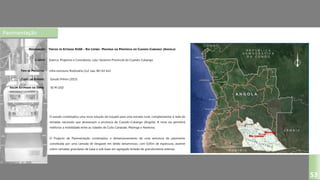 Pavimentação
TRECHO DE ESTRADA N160 – RIO LOMBA- MAVINGA NA PROVÍNCIA DO CUANDO-CUBANGO (ANGOLA)
Soenco, Projectos e Consultoria, Lda./ Governo Provincial do Cuando-Cubango
Infra-estrutura Rodovária (1x2 vias, 80+63 km)
Estudo Prévio (2015)
O estudo contemplou uma nova solução de traçado para uma estrada rural, complememtar à rede de
estradas nacionais que atravessam a província de Cuando-Cubango (Angola). A nova via permitirá
melhorar a mobilidade entre as cidades de Cuito Canavale, Mavinga e Nankova.
O Projecto de Pavimentação contemplou o dimensionamento de uma estrutura de pavimento
constituída por uma camada de desgaste em betão betuminoso, com 0,05m de espessura, assente
sobre camadas granulares de base e sub-base em agregado britado de granulometria extensa.
DESIGNAÇÃO:
CLIENTE:
TIPO DE PROJECTO:
FASES DO ESTUDO:
VALOR ESTIMADO DA OBRA:
53
50 M USD
 