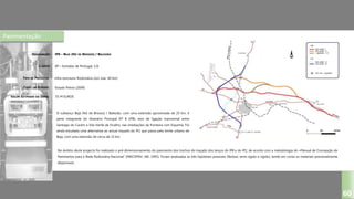 Pavimentação
IP8 – BEJA (NÓ DE BRISSOS) / BALEIZÃO
EP – Estradas de Portugal, S.A.
Infra-estrutura Rodoviária (2x2 vias, 40 km)
Estudo Prévio (2009)
DESIGNAÇÃO:
CLIENTE:
TIPO DE PROJECTO:
FASES DO ESTUDO:
VALOR ESTIMADO DA OBRA:
60
55 M EUROS
O sublanço Beja (Nó de Brissos) / Baleizão, com uma extensão aproximada de 25 km, é
parte integrante do Itinerário Principal Nº 8 (IP8), eixo de ligação transversal entre
Santiago do Cacém e Vila Verde de Ficalho, nas imediações da fronteira com Espanha. Foi
ainda estudada uma alternativa ao actual traçado do IP2 que passa pelo limite urbano de
Beja, com uma extensão de cerca de 15 km.
No âmbito deste projecto foi realizado o pré-dimensionamento do pavimento dos trechos do traçado dos lanços do IP8 e do IP2, de acordo com a metodologia do «Manual de Concepção de
Pavimentos para a Rede Rodoviária Nacional” (MACOPAV; JAE, 1995). Foram analisadas as três hipóteses possíveis (flexível, semi-rígido e rígido), tendo em conta os materiais previsivelmente
disponíveis.
 