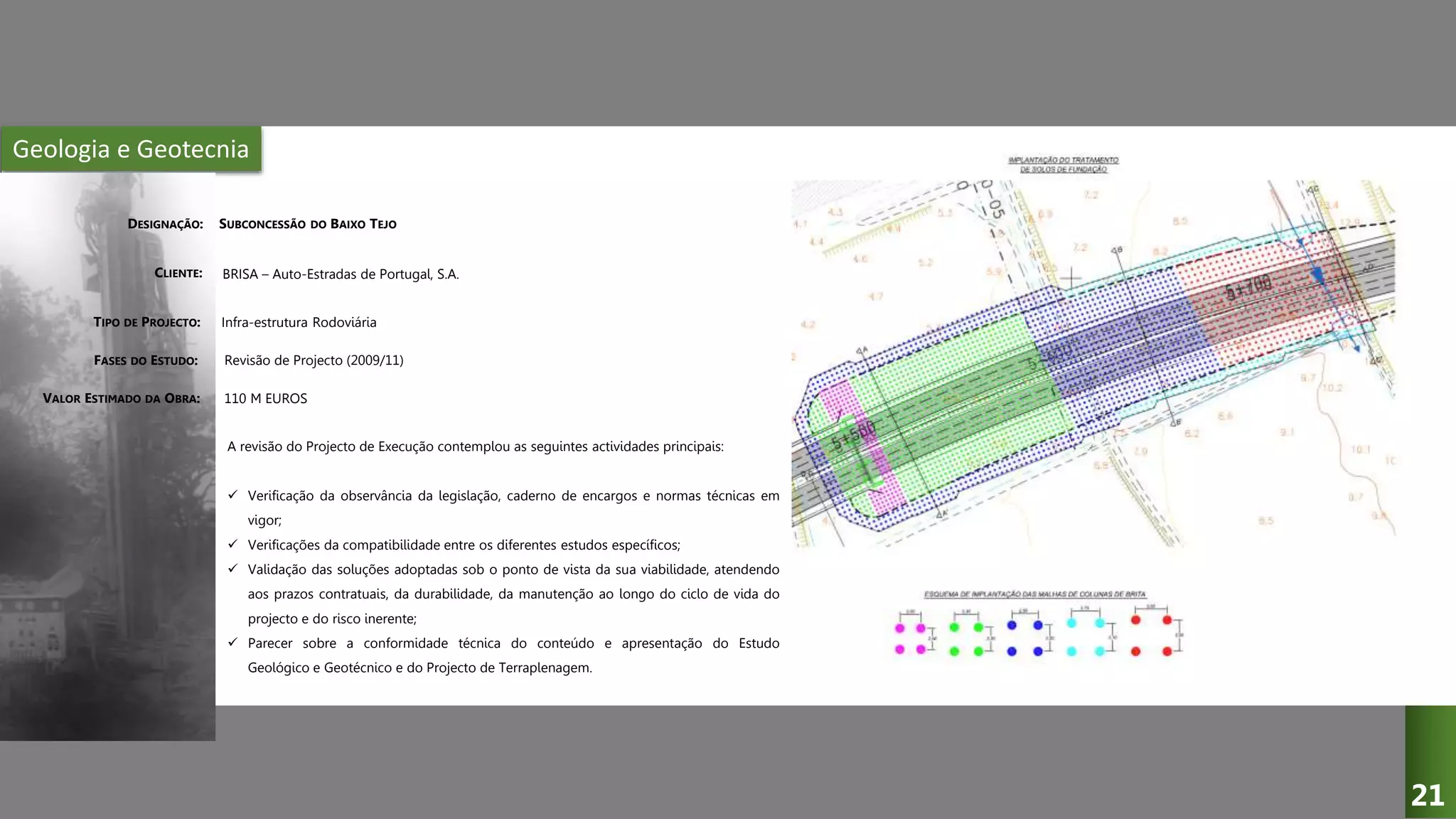 Geologia e Geotecnia
SUBCONCESSÃO DO BAIXO TEJO
BRISA – Auto-Estradas de Portugal, S.A.
Infra-estrutura Rodoviária
Revisão de Projecto (2009/11)
A revisão do Projecto de Execução contemplou as seguintes actividades principais:
 Verificação da observância da legislação, caderno de encargos e normas técnicas em
vigor;
 Verificações da compatibilidade entre os diferentes estudos específicos;
 Validação das soluções adoptadas sob o ponto de vista da sua viabilidade, atendendo
aos prazos contratuais, da durabilidade, da manutenção ao longo do ciclo de vida do
projecto e do risco inerente;
 Parecer sobre a conformidade técnica do conteúdo e apresentação do Estudo
Geológico e Geotécnico e do Projecto de Terraplenagem.
DESIGNAÇÃO:
CLIENTE:
TIPO DE PROJECTO:
FASES DO ESTUDO:
21
110 M EUROSVALOR ESTIMADO DA OBRA:
 
