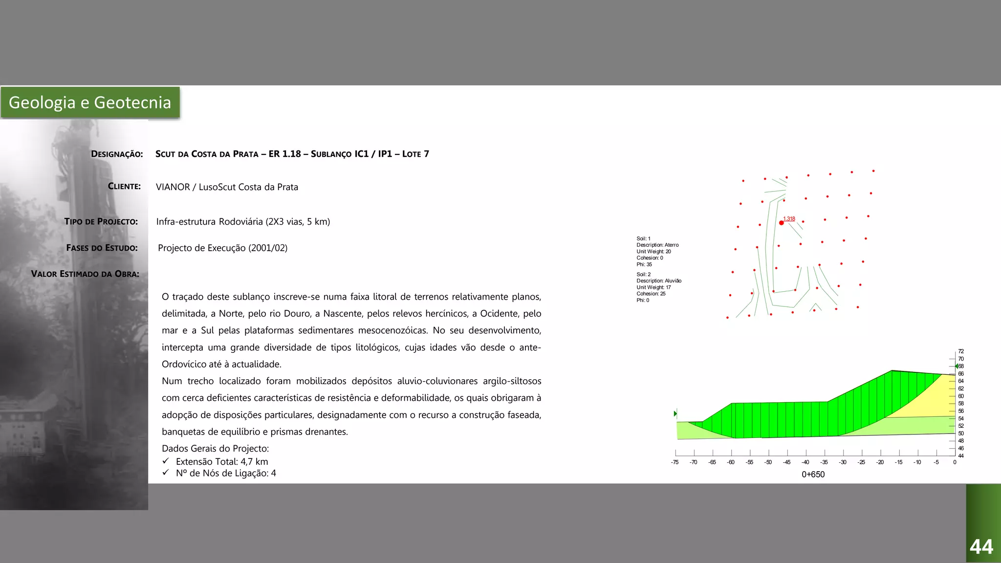 Geologia e Geotecnia
SCUT DA COSTA DA PRATA – ER 1.18 – SUBLANÇO IC1 / IP1 – LOTE 7
VIANOR / LusoScut Costa da Prata
Infra-estrutura Rodoviária (2X3 vias, 5 km)
Projecto de Execução (2001/02)
O traçado deste sublanço inscreve-se numa faixa litoral de terrenos relativamente planos,
delimitada, a Norte, pelo rio Douro, a Nascente, pelos relevos hercínicos, a Ocidente, pelo
mar e a Sul pelas plataformas sedimentares mesocenozóicas. No seu desenvolvimento,
intercepta uma grande diversidade de tipos litológicos, cujas idades vão desde o ante-
Ordovícico até à actualidade.
Num trecho localizado foram mobilizados depósitos aluvio-coluvionares argilo-siltosos
com cerca deficientes características de resistência e deformabilidade, os quais obrigaram à
adopção de disposições particulares, designadamente com o recurso a construção faseada,
banquetas de equilíbrio e prismas drenantes.
Dados Gerais do Projecto:
 Extensão Total: 4,7 km
 Nº de Nós de Ligação: 4
DESIGNAÇÃO:
CLIENTE:
TIPO DE PROJECTO:
FASES DO ESTUDO:
VALOR ESTIMADO DA OBRA:
1.318
Soil: 1
Description: Aterro
Unit Weight: 20
Cohesion: 0
Phi: 35
Soil: 2
Description: Aluvião
Unit Weight: 17
Cohesion: 25
Phi: 0
0+650
-75 -70 -65 -60 -55 -50 -45 -40 -35 -30 -25 -20 -15 -10 -5 0
44
46
48
50
52
54
56
58
60
62
64
66
68
70
72
44
 