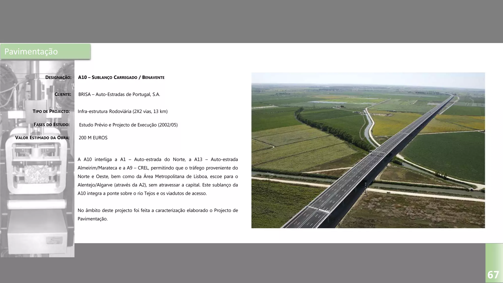 Pavimentação
A10 – SUBLANÇO CARREGADO / BENAVENTE
BRISA – Auto-Estradas de Portugal, S.A.
Infra-estrutura Rodoviária (2X2 vias, 13 km)
Estudo Prévio e Projecto de Execução (2002/05)
DESIGNAÇÃO:
CLIENTE:
TIPO DE PROJECTO:
FASES DO ESTUDO:
VALOR ESTIMADO DA OBRA:
67
A A10 interliga a A1 – Auto-estrada do Norte, a A13 – Auto-estrada
Almeirim/Marateca e a A9 – CREL, permitindo que o tráfego proveniente do
Norte e Oeste, bem como da Área Metropolitana de Lisboa, escoe para o
Alentejo/Algarve (através da A2), sem atravessar a capital. Este sublanço da
A10 integra a ponte sobre o rio Tejos e os viadutos de acesso.
No âmbito deste projecto foi feita a caracterização elaborado o Projecto de
Pavimentação.
200 M EUROS
 