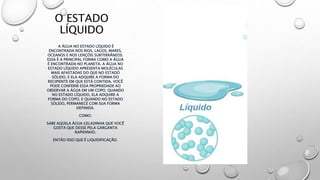 O ESTADO
LÍQUIDO
A ÁGUA NO ESTADO LÍQUIDO É
ENCONTRADA NOS RIOS, LAGOS, MARES,
OCEANOS E NOS LENÇÓIS SUBTERRÂNEOS.
ESSA É A PRINCIPAL FORMA COMO A ÁGUA
É ENCONTRADA NO PLANETA. A ÁGUA NO
ESTADO LÍQUIDO APRESENTA MOLÉCULAS
MAIS AFASTADAS DO QUE NO ESTADO
SÓLIDO, E ELA ADQUIRE A FORMA DO
RECIPIENTE EM QUE ESTÁ CONTIDA. VOCÊ
PODE CONFERIR ESSA PROPRIEDADE AO
OBSERVAR A ÁGUA EM UM COPO. QUANDO
NO ESTADO LÍQUIDO, ELA ADQUIRE A
FORMA DO COPO, E QUANDO NO ESTADO
SÓLIDO, PERMANECE COM SUA FORMA
DEFINIDA.
COMO:
SABE AQUELA ÁGUA GELADINHA QUE VOCÊ
GOSTA QUE DESSE PELA GARGANTA
RAPIDINHO.
ENTÃO ISSO QUE É LIQUIDIFICAÇÃO.
 