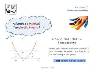 Aula número 77
                                               Conhecimentos prévios




A função f é injetiva?
Tem função inversa?




                         20 de Abril de 2012                           3
 