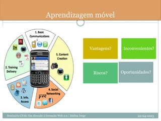 Aprendizagem móvel
Vantagens? Inconvenientes?
Riscos? Oportunidades?
22-04-2013Seminário CFAE: Em direcção à formação Web 2.0 / Idalina Jorge
 