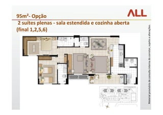 95m²- Opção
 2 suítes plenas - sala estendida e cozinha aberta




                                                     Material provisório de consulta interna do corretor, sujeito a alterações.
(final 1,2,5,6)
 