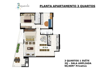 PLANTA APARTAMENTO 3 QUARTOS




            3 QUARTOS 1 SUÍTE
            2Q – SALA AMPLIADA
            90,90M² Privativo
 