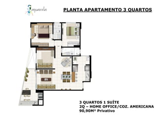 PLANTA APARTAMENTO 3 QUARTOS




     3 QUARTOS 1 SUÍTE
     2Q – HOME OFFICE/COZ. AMERICANA
     90,90M² Privativo
 