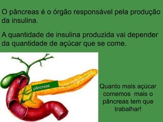 O pâncreas é o órgão responsável pela produção
da insulina.
Quanto mais açúcar
comemos mais o
pâncreas tem que
trabalhar!
A quantidade de insulina produzida vai depender
da quantidade de açúcar que se come.
 