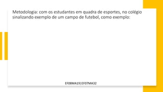 EF08MA19|EF07MA32
Metodologia: com os estudantes em quadra de esportes, no colégio
sinalizando exemplo de um campo de futebol, como exemplo:
 