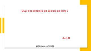 A=B.H
Qual é o conceito do cálculo de área ?
EF08MA19|EF07MA32
 