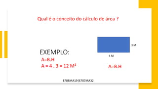 EXEMPLO:
A=B.H
A = 4 . 3 = 12 M² A=B.H
Qual é o conceito do cálculo de área ?
EF08MA19|EF07MA32
 
